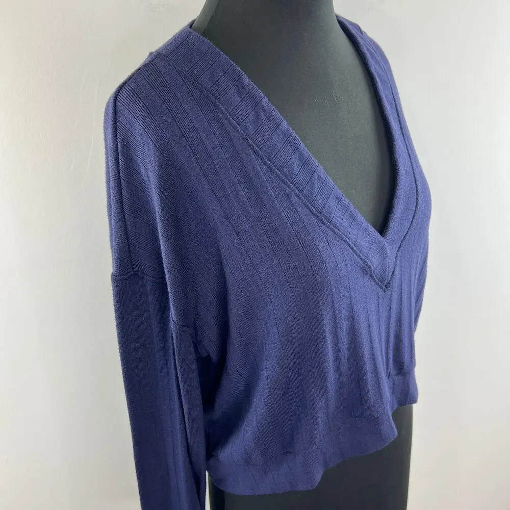 Free People Intimately Blue V-Neck Long Sleeve Cropped Pullover Sweater Size M